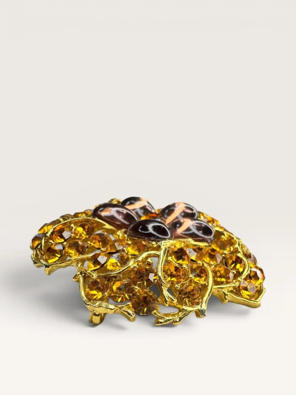1960s Amber Crystal Lavender Lucite Flower Brooch Gold Tone Openwork Vintage